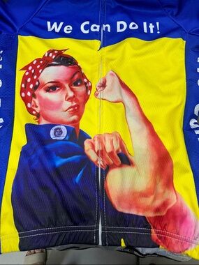 We Can Do It! Rosie the Riveter Graphic Cycling Jersey - Blue & Yellow new